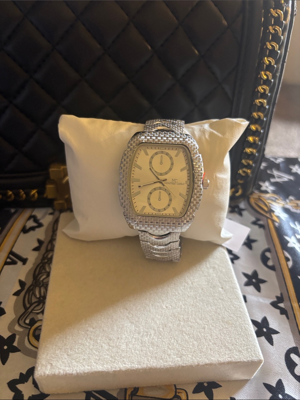 Montres Carlo Silver Textured Metal Band Watch - Square Face Faux Chrono NWT